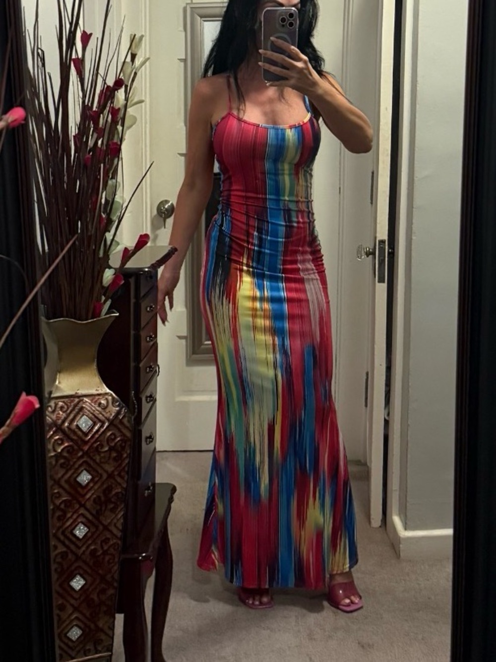 Multicolor Vertical Stripe Maxi Dress - Red, Blue, Yellow
